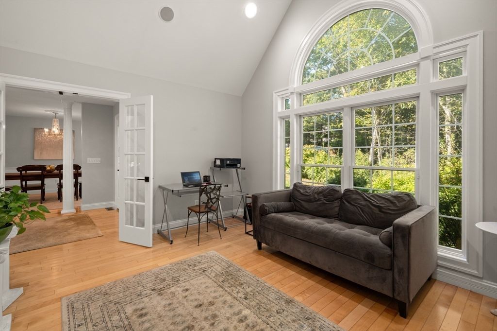 Chandelier, Home Office, Interior, Recessed Lighting, Wood Texture Flooring