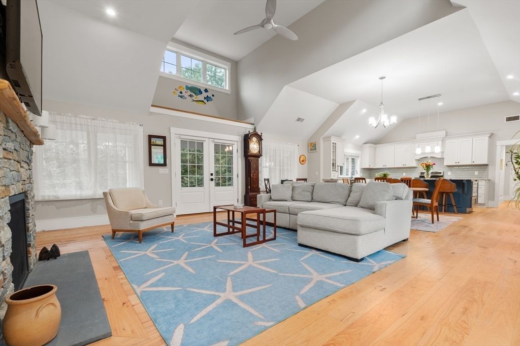 Fireplace, Interior, Kitchen, Living room, Pendant Lights, Recessed Lighting, Wood Texture Flooring