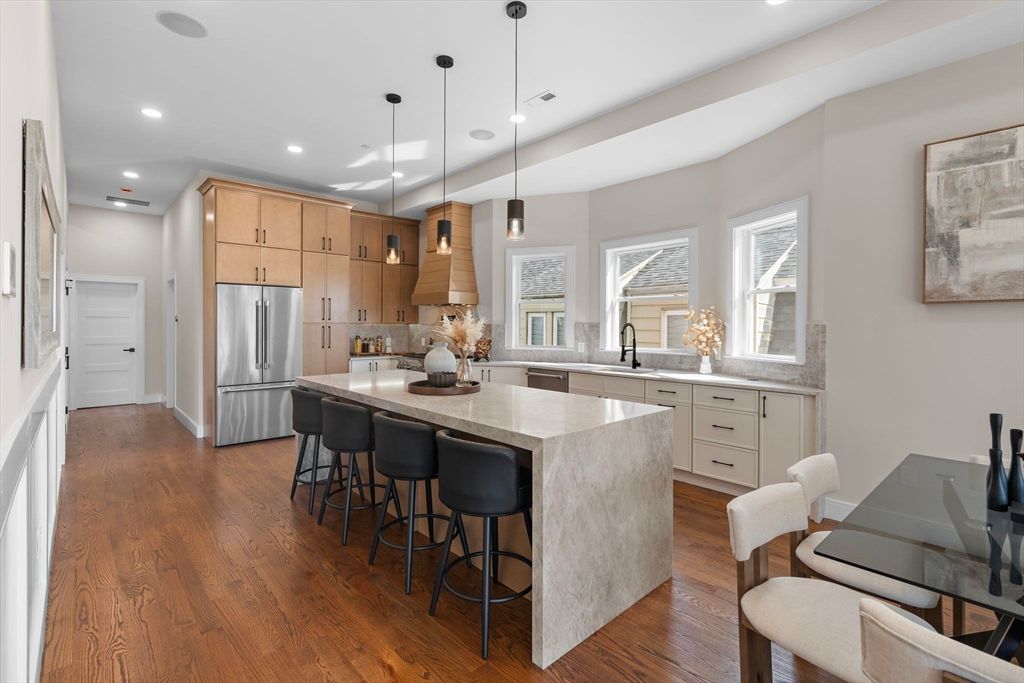 Interior, Kitchen, Pendant Lights, Recessed Lighting, Stainless Steel Appliances, Wood Texture Flooring