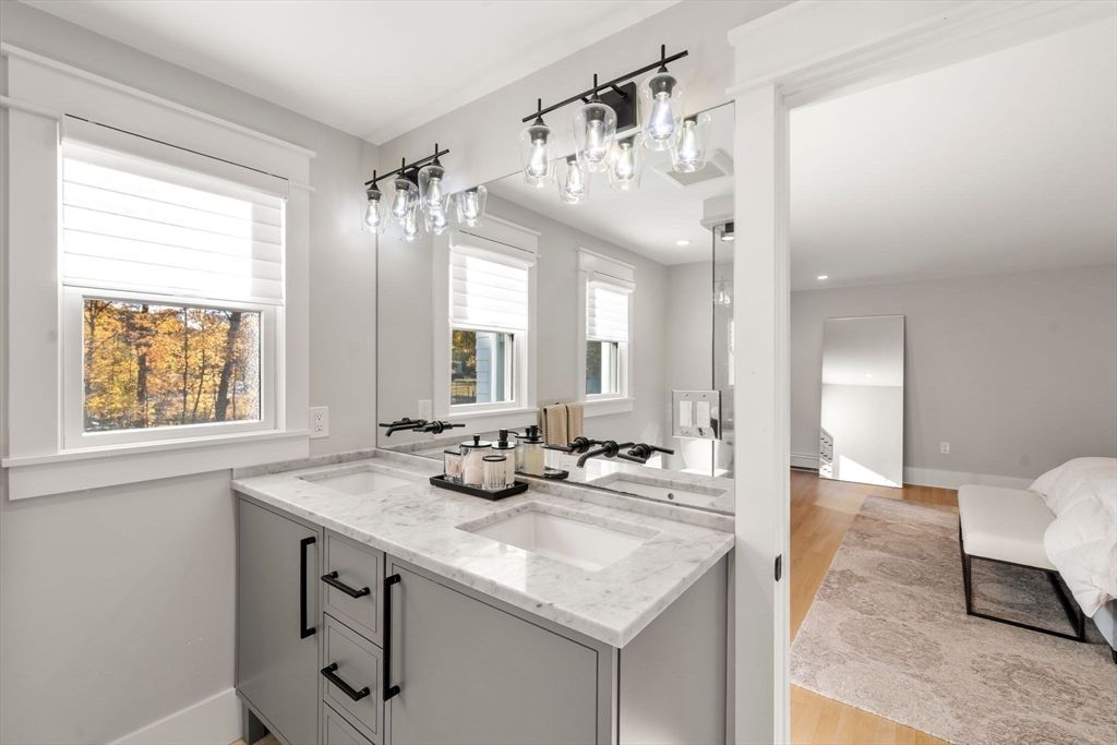 Bathroom, Dual Sink Vanities, Interior, Recessed Lighting, Wood Texture Flooring