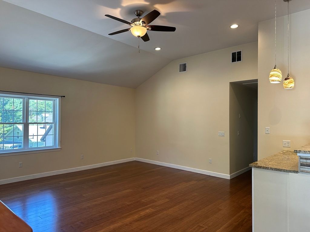 Empty room, Interior, Pendant Lights, Recessed Lighting, Wood Texture Flooring