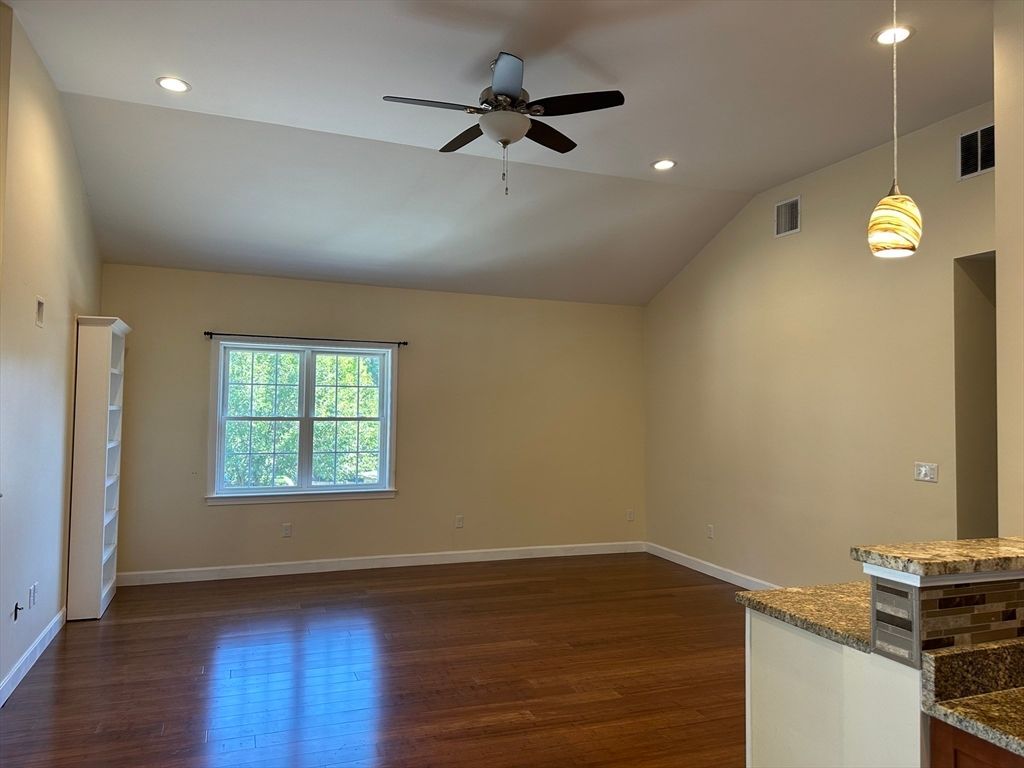 Empty room, Interior, Pendant Lights, Recessed Lighting, Wood Texture Flooring