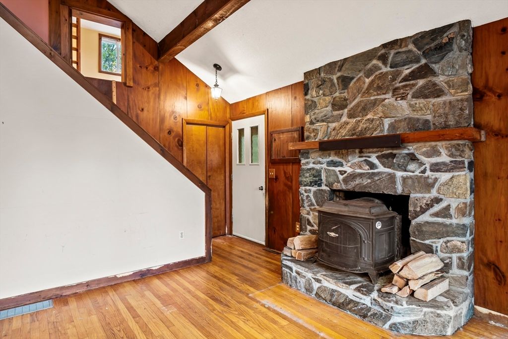 Fireplace, Interior, Stone Walls, Wood Texture Flooring, Wooden Walls