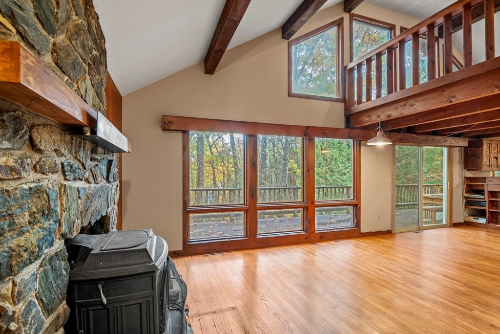 Fireplace, Interior, Pendant Lights, Stone Walls, Wooden Beams, Wood Texture Flooring