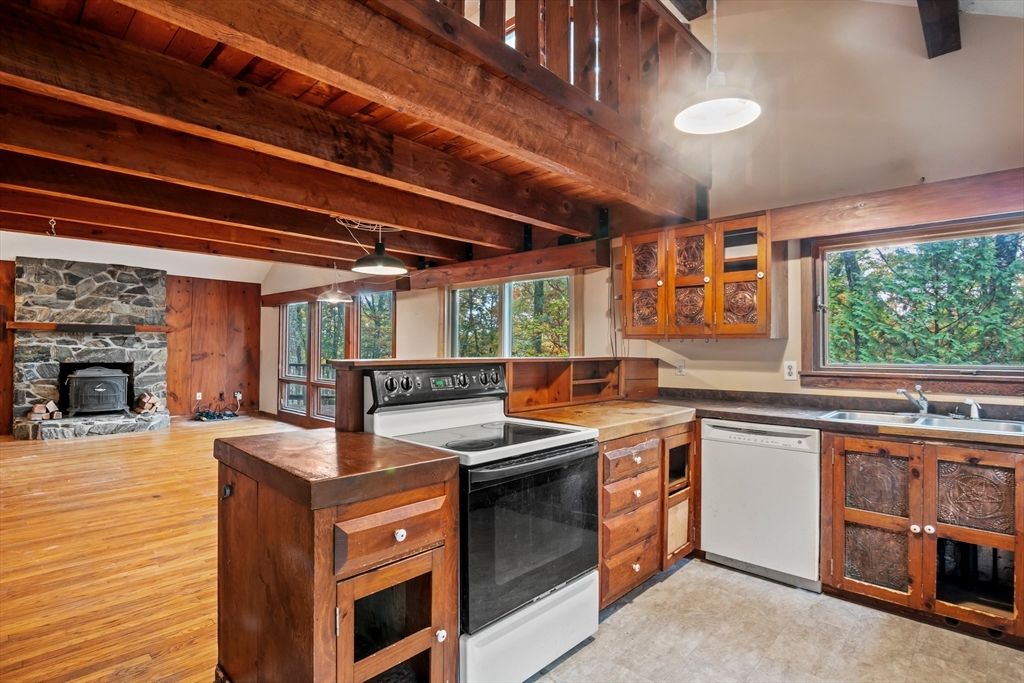 Fireplace, Interior, Kitchen, Pendant Lights, Stone Walls, Wooden Beams, Wooden Ceilings, Wood Texture Flooring