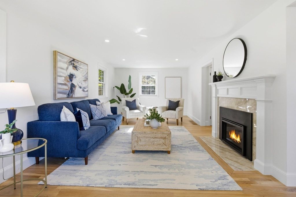 Fireplace, Interior, Living room, Recessed Lighting, Wood Texture Flooring