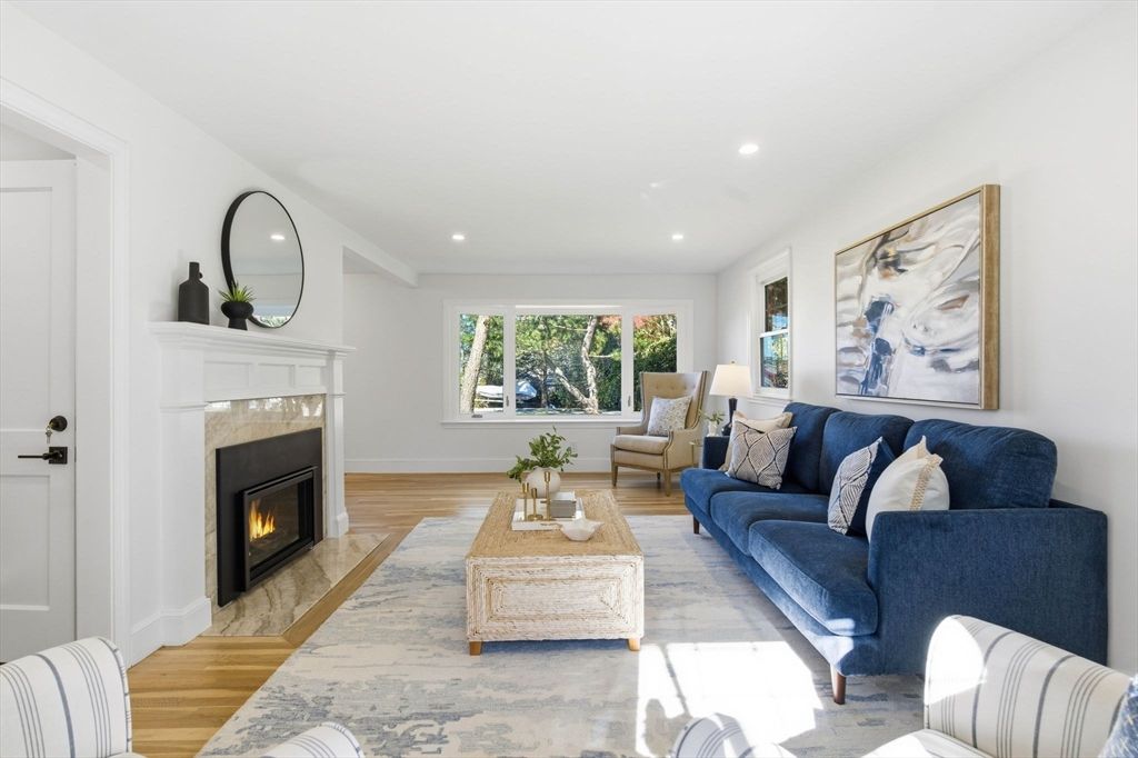 Fireplace, Interior, Living room, Recessed Lighting, Wood Texture Flooring