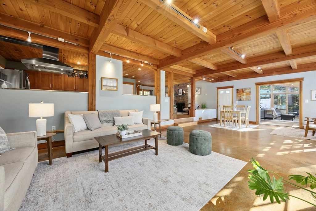 Dining room, Interior, Kitchen, Living room, Recessed Lighting, Stainless Steel Appliances, Wooden Beams, Wooden Ceilings, Wood Texture Flooring