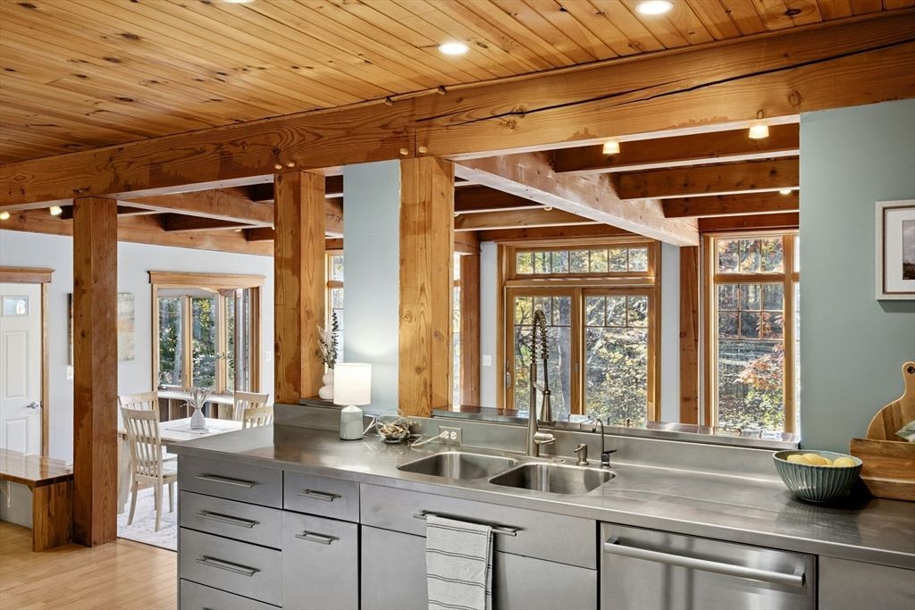 Interior, Kitchen, Recessed Lighting, Stainless Steel Appliances, Wooden Beams, Wooden Ceilings, Wood Texture Flooring