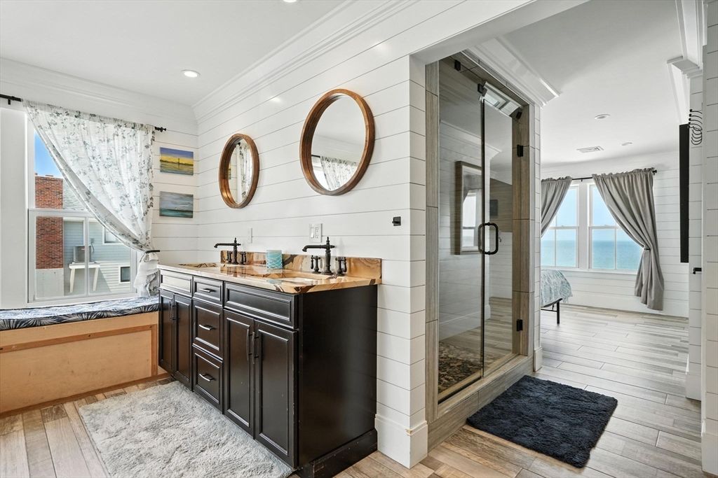 Bathroom, Glass Shower, Interior, Recessed Lighting, Water, Wood Texture Flooring