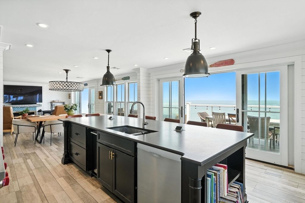 Dining room, Interior, Kitchen, Pendant Lights, Recessed Lighting, Water, Wood Texture Flooring