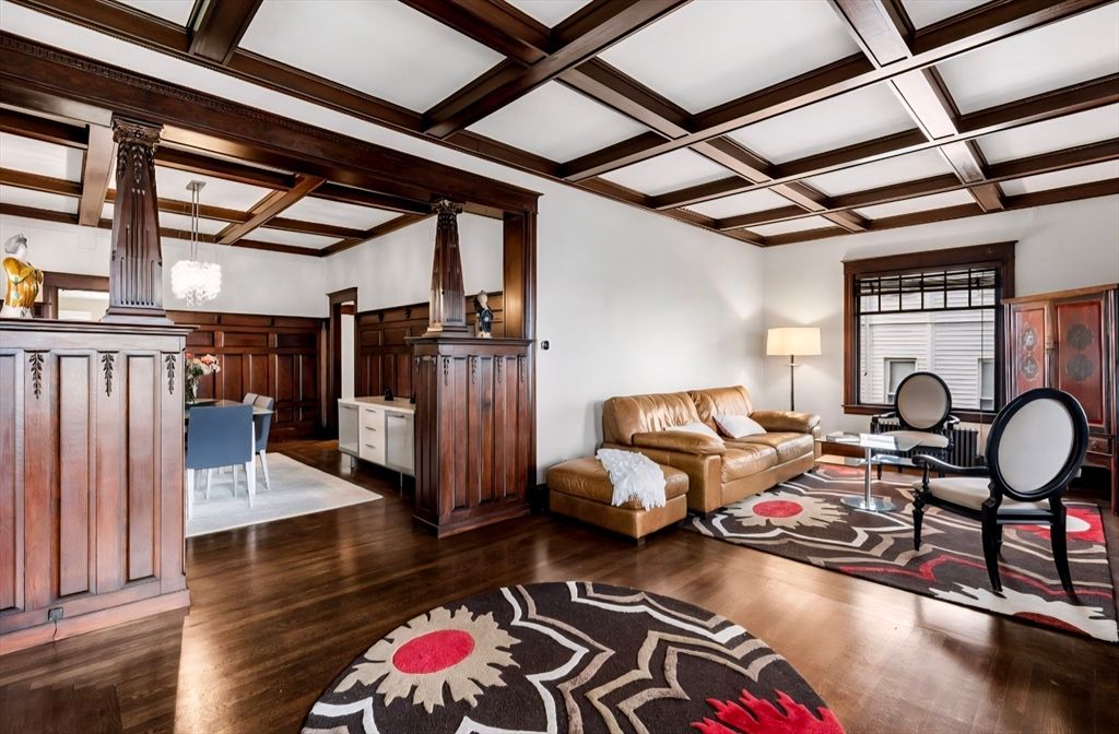 Chandelier, Interior, Living room, Wooden Beams, Wood Texture Flooring