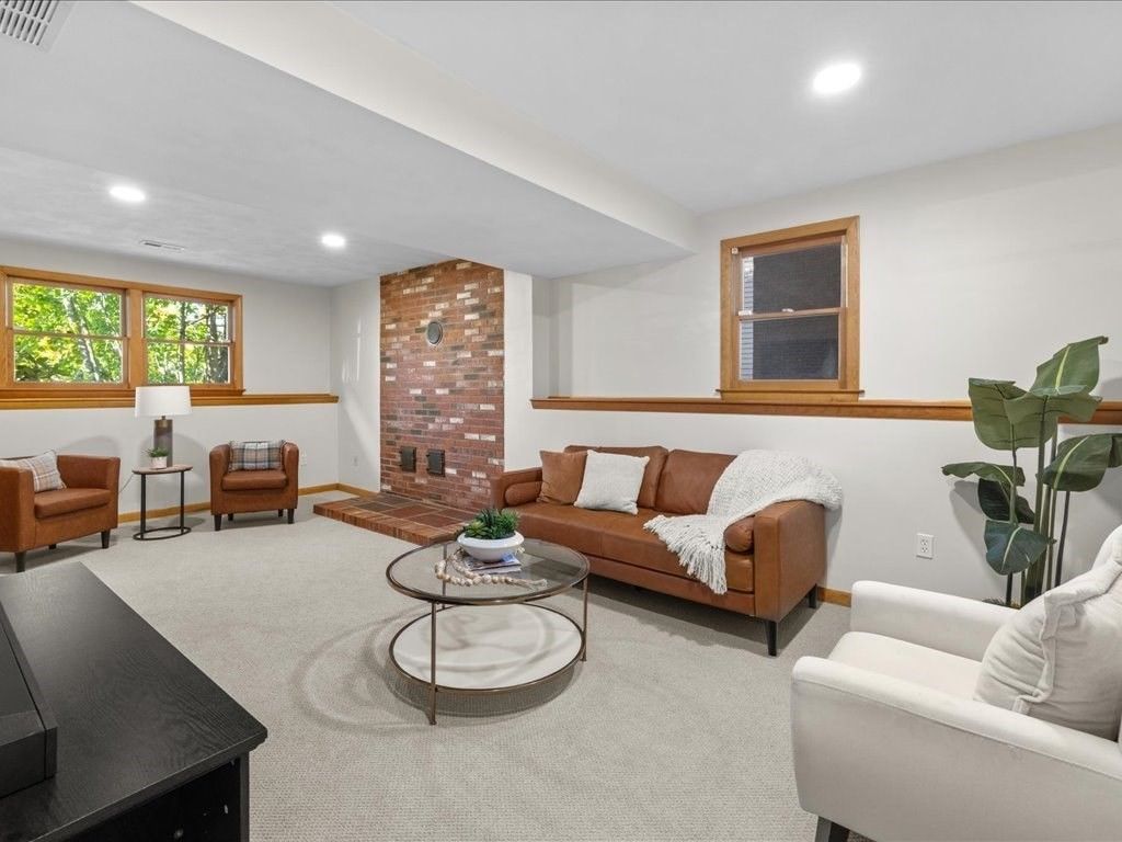 Fireplace, Interior, Living room, Recessed Lighting, Stone Walls