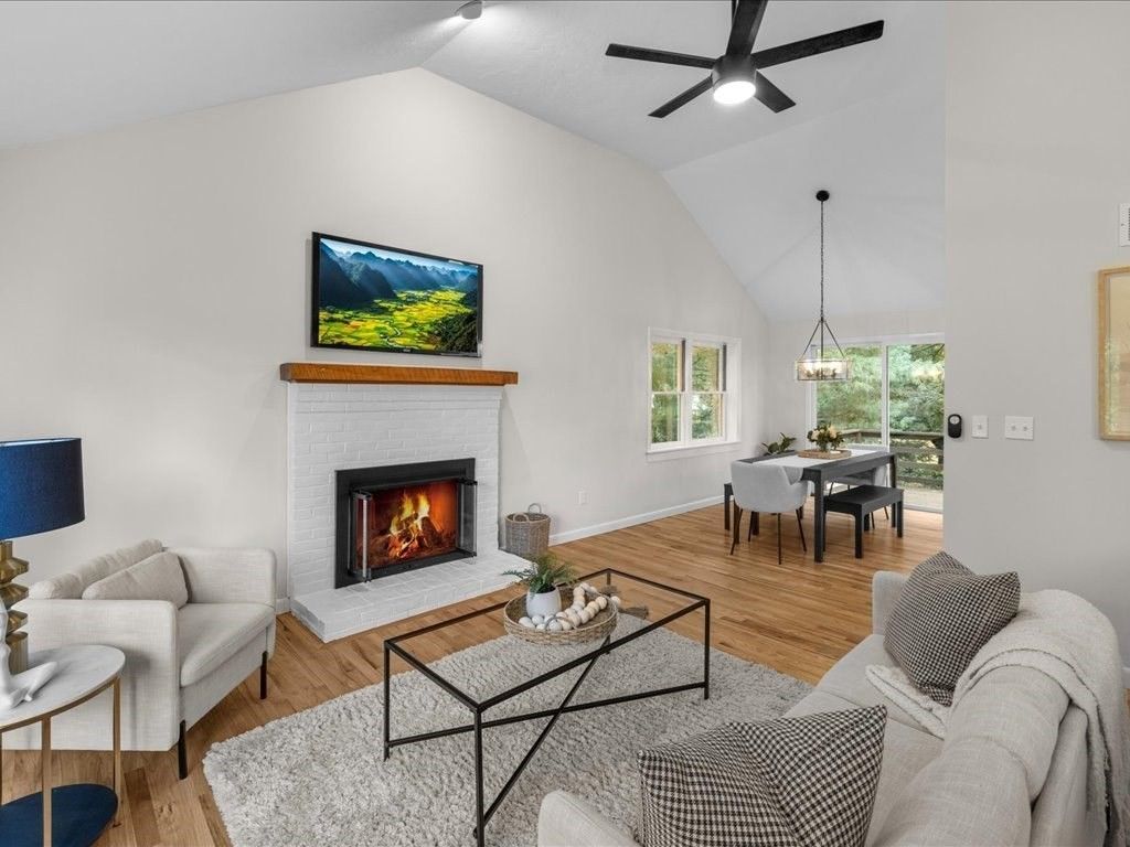 Dining room, Fireplace, Interior, Living room, Pendant Lights, Wood Texture Flooring
