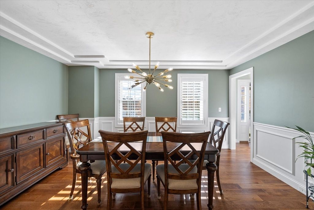 Dining room, Interior, Pendant Lights, Wood Texture Flooring