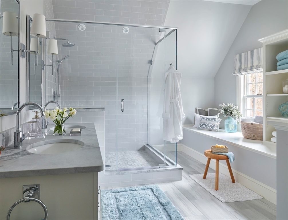 Bathroom, Glass Shower, Interior, Wood Texture Flooring