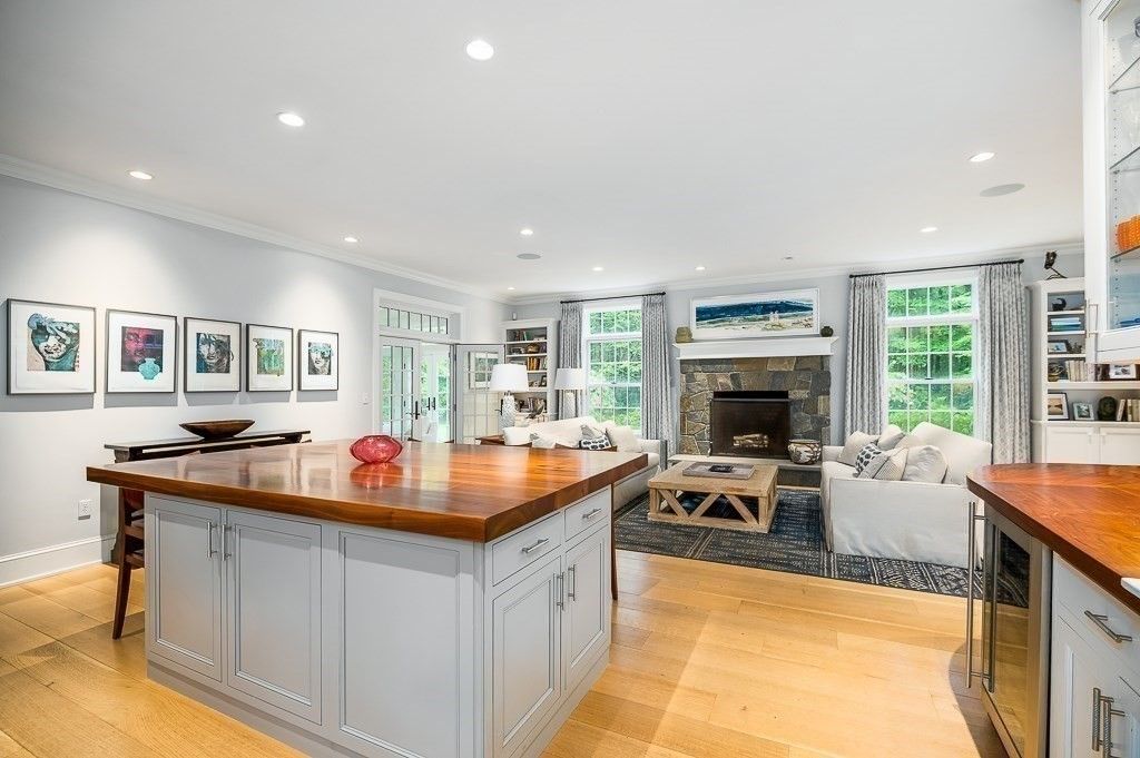 Fireplace, Interior, Kitchen, Living room, Recessed Lighting, Wood Texture Flooring