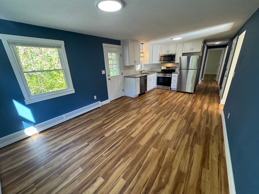 Empty room, Interior, Kitchen, Stainless Steel Appliances, Wood Texture Flooring