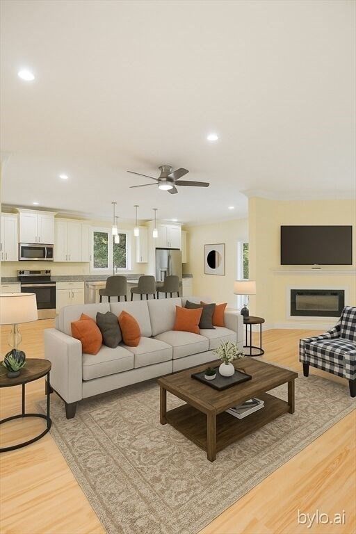 Dining room, Interior, Kitchen, Living room, Pendant Lights, Recessed Lighting, Stainless Steel Appliances, Wood Texture Flooring