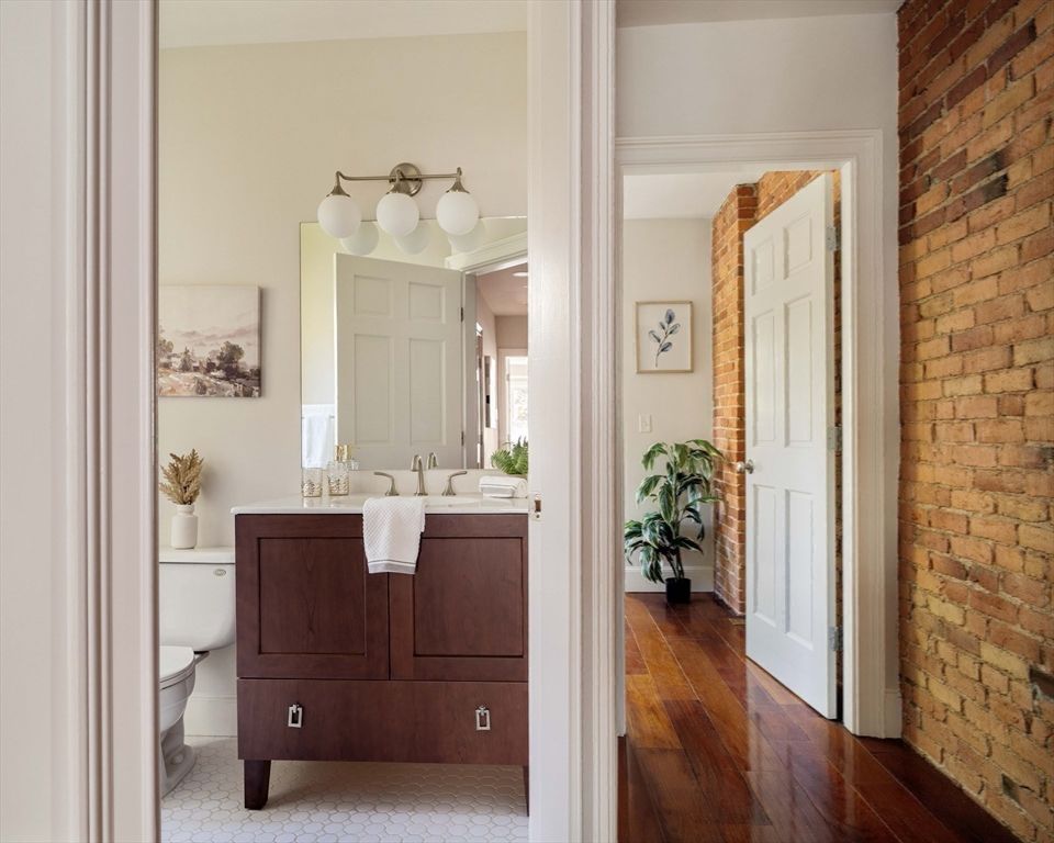 Bathroom, Interior, Stone Walls, Wood Texture Flooring