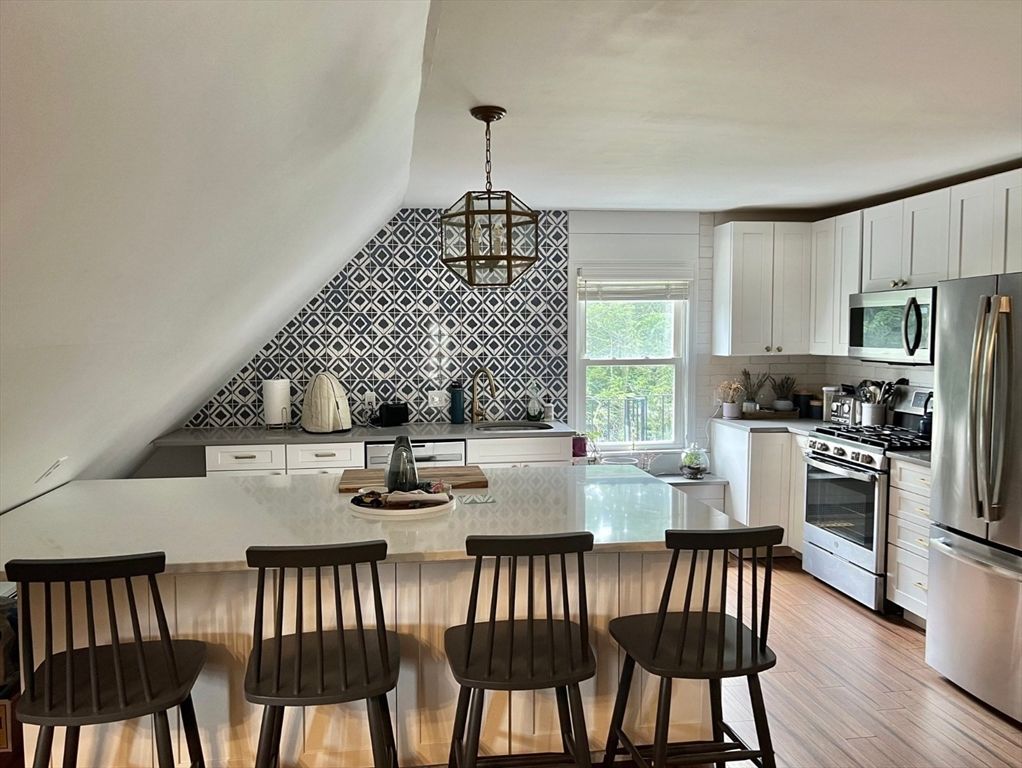 Interior, Kitchen, Pendant Lights, Stainless Steel Appliances, Wood Texture Flooring