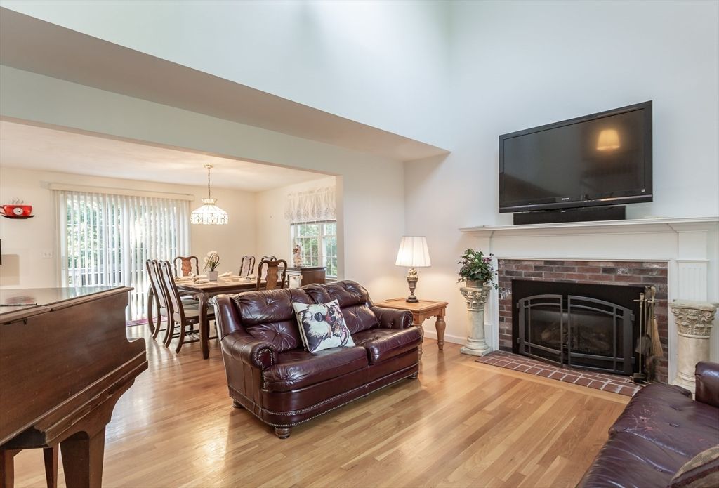 Dining room, Fireplace, Interior, Living room, Pendant Lights, Piano, Wood Texture Flooring