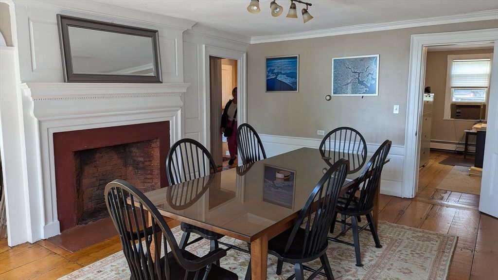 Dining room, Fireplace, Interior, Wood Texture Flooring