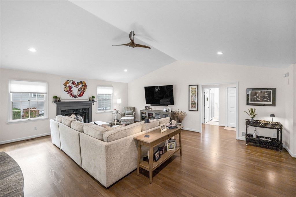 Fireplace, Interior, Living room, Recessed Lighting, Wood Texture Flooring