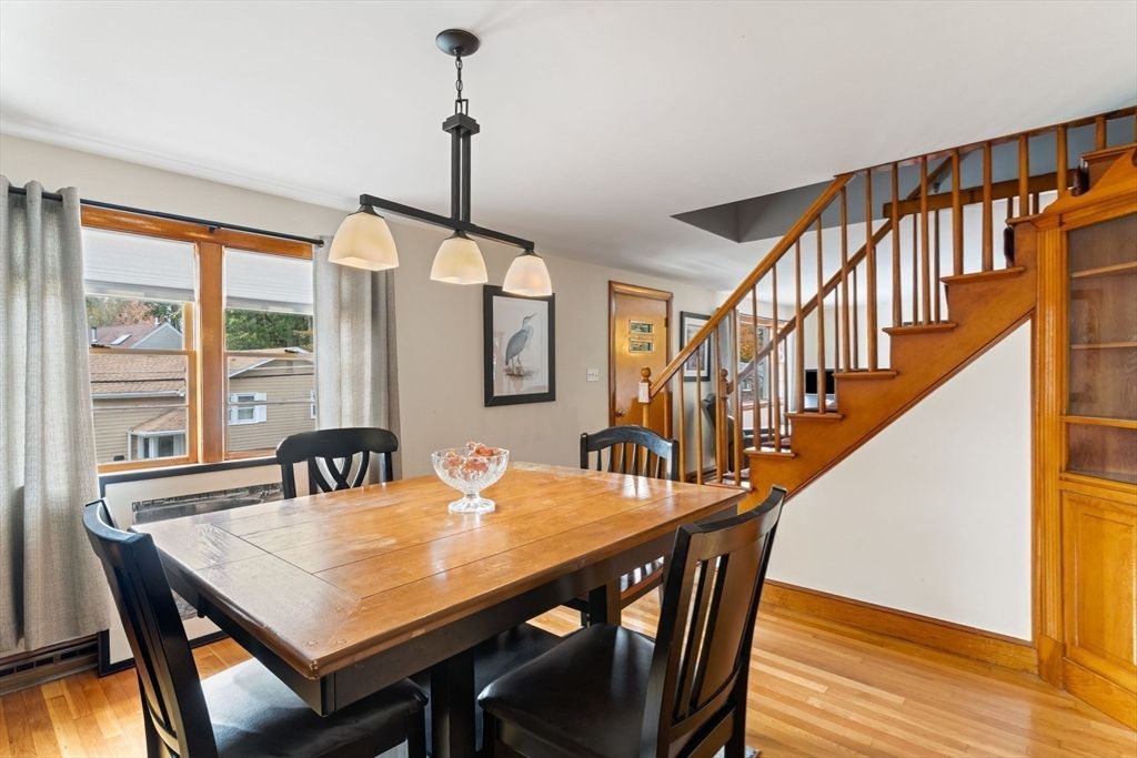 Dining room, Interior, Pendant Lights, Wood Texture Flooring