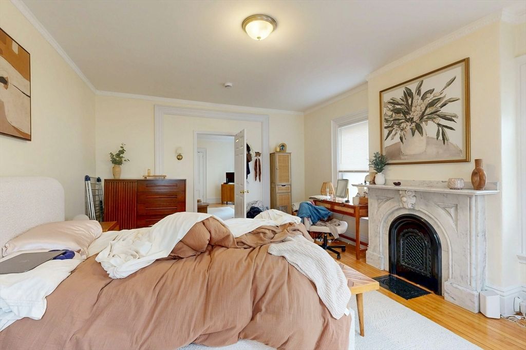 Bedroom, Fireplace, Interior, Wood Texture Flooring
