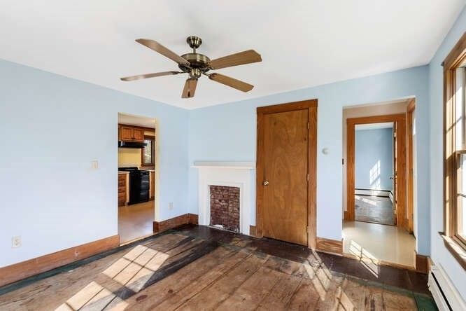 Empty room, Fireplace, Interior, Kitchen, Wood Texture Flooring