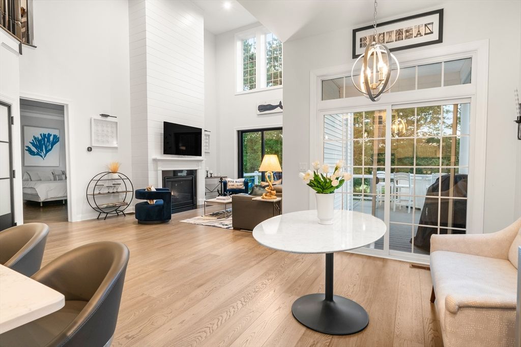 Fireplace, Interior, Living room, Pendant Lights, Wood Texture Flooring