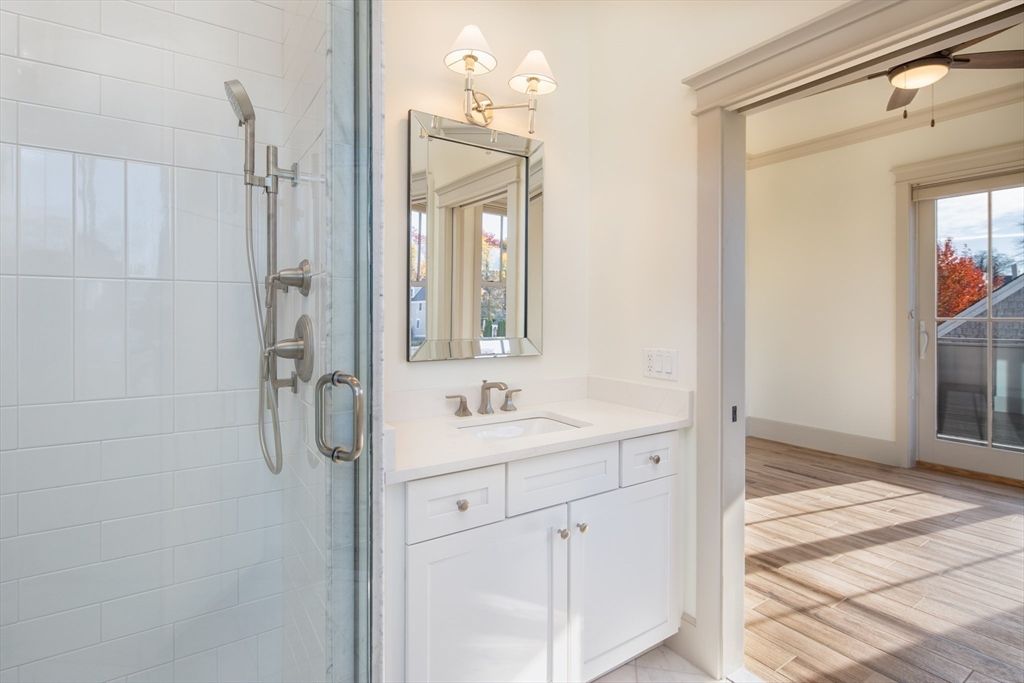 Bathroom, Glass Shower, Interior, Wood Texture Flooring