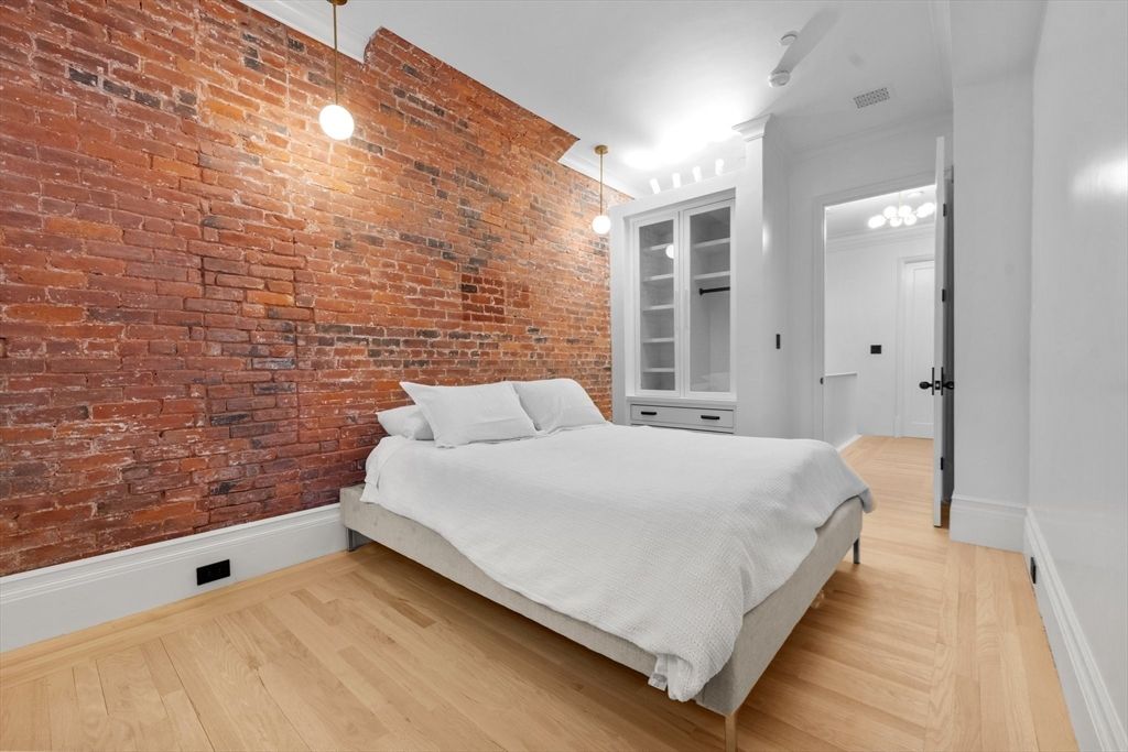 Bedroom, Interior, Pendant Lights, Stone Walls, Wood Texture Flooring