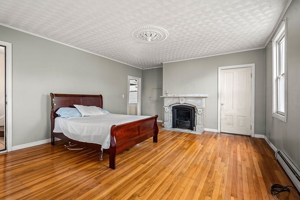 Bedroom, Fireplace, Interior, Wood Texture Flooring