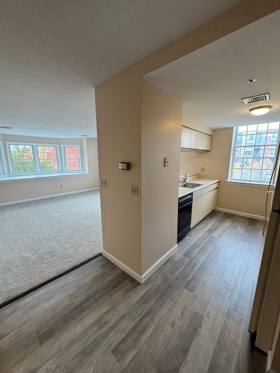 Empty room, Interior, Kitchen, Recessed Lighting, Wood Texture Flooring