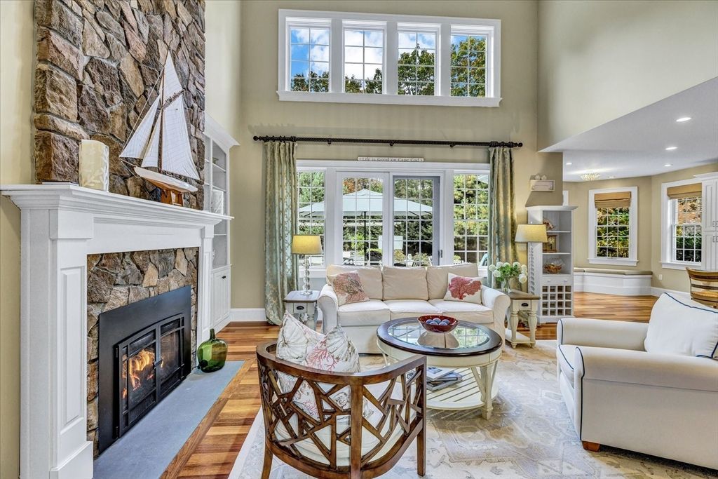 Fireplace, Interior, Living room, Recessed Lighting, Stone Walls, Wood Texture Flooring