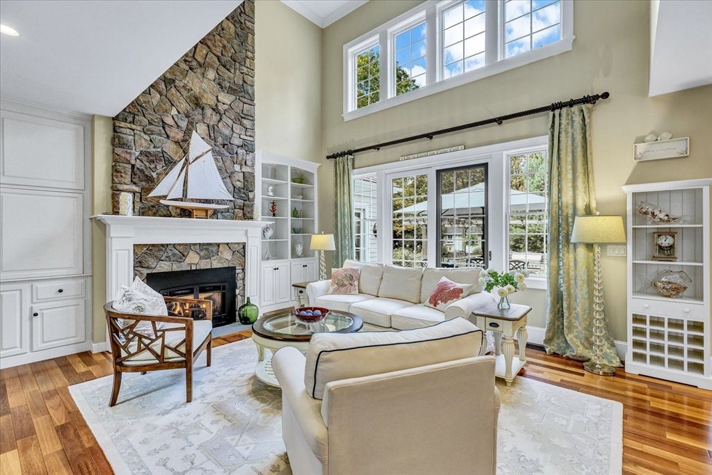 Fireplace, Interior, Living room, Recessed Lighting, Stone Walls, Wood Texture Flooring