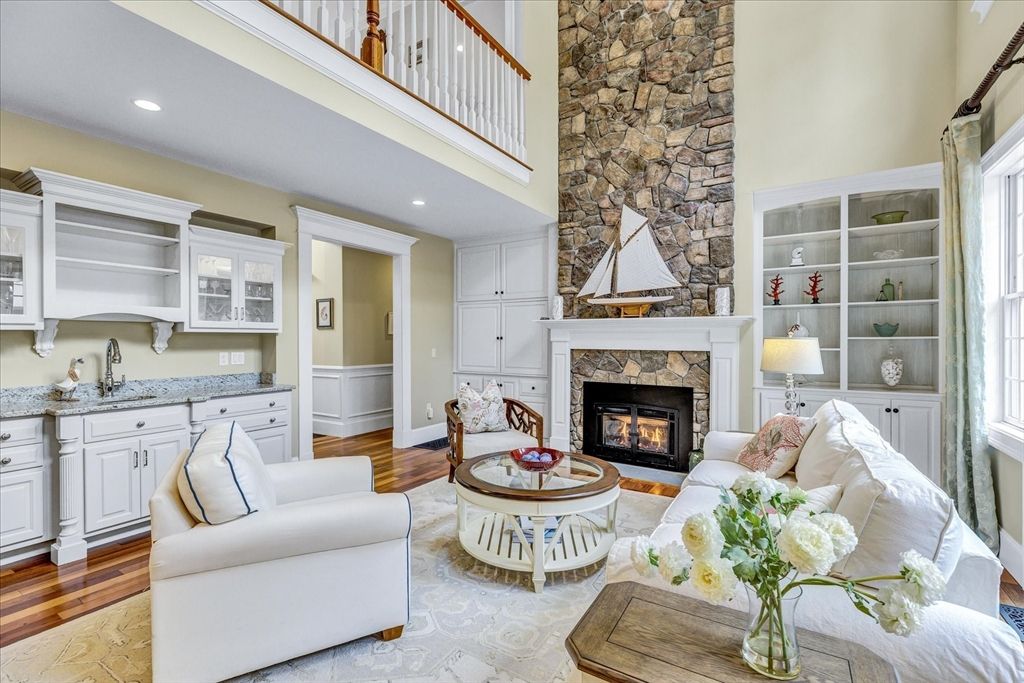 Fireplace, Interior, Living room, Recessed Lighting, Stone Walls, Wood Texture Flooring