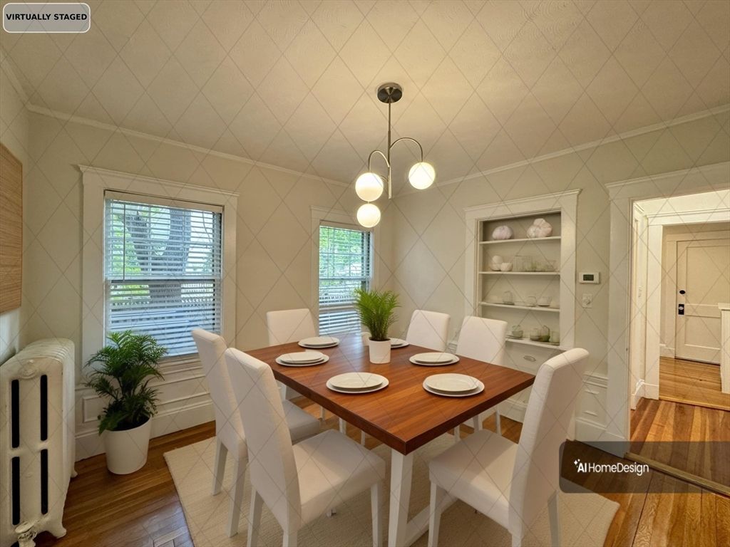 Dining room, Interior, Pendant Lights, Wood Texture Flooring