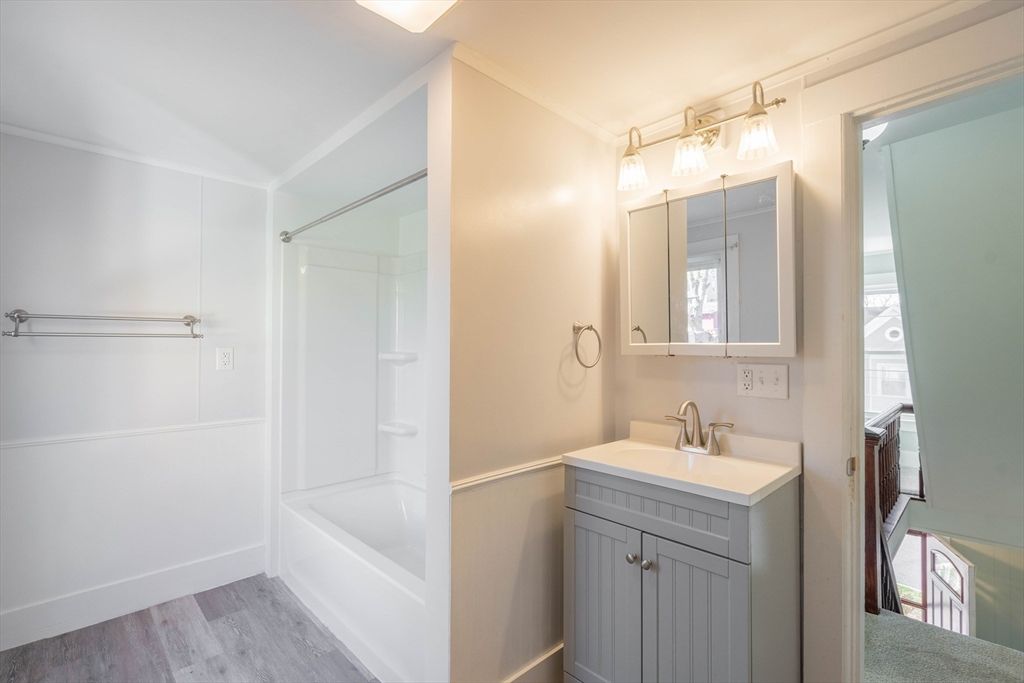 Bathroom, Glass Shower, Interior, Wood Texture Flooring