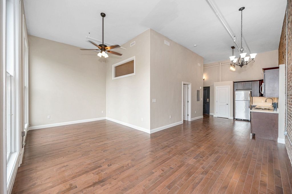 Chandelier, Empty room, Interior, Kitchen, Pendant Lights, Wood Texture Flooring