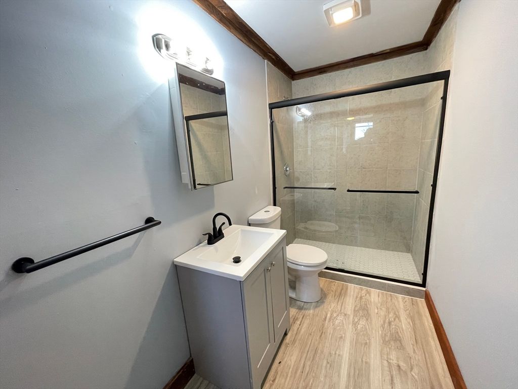 Bathroom, Glass Shower, Interior, Wood Texture Flooring