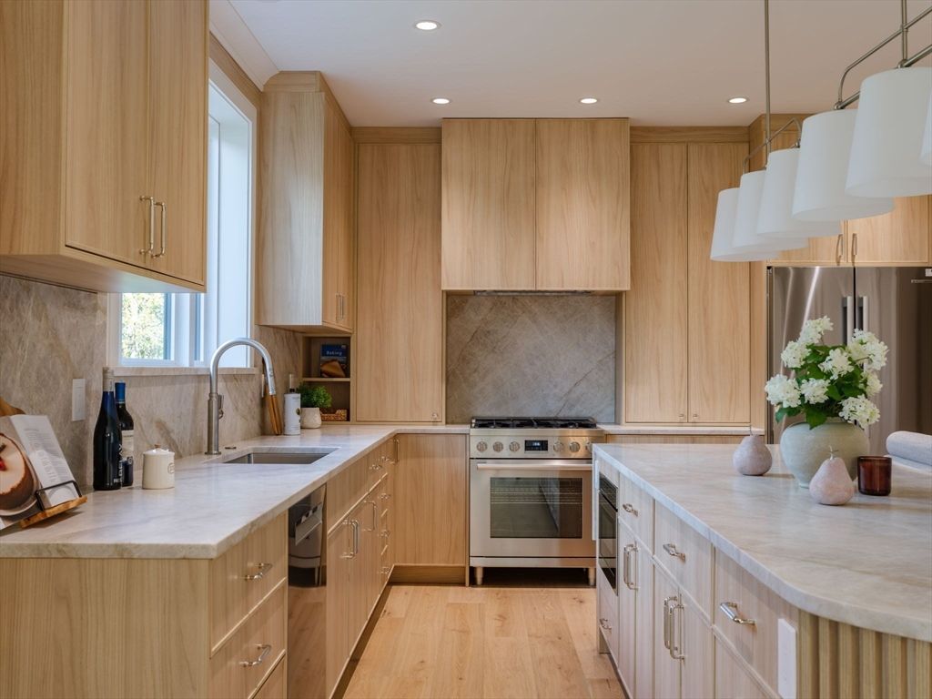 Interior, Kitchen, Pendant Lights, Recessed Lighting, Stainless Steel Appliances, Wood Texture Flooring