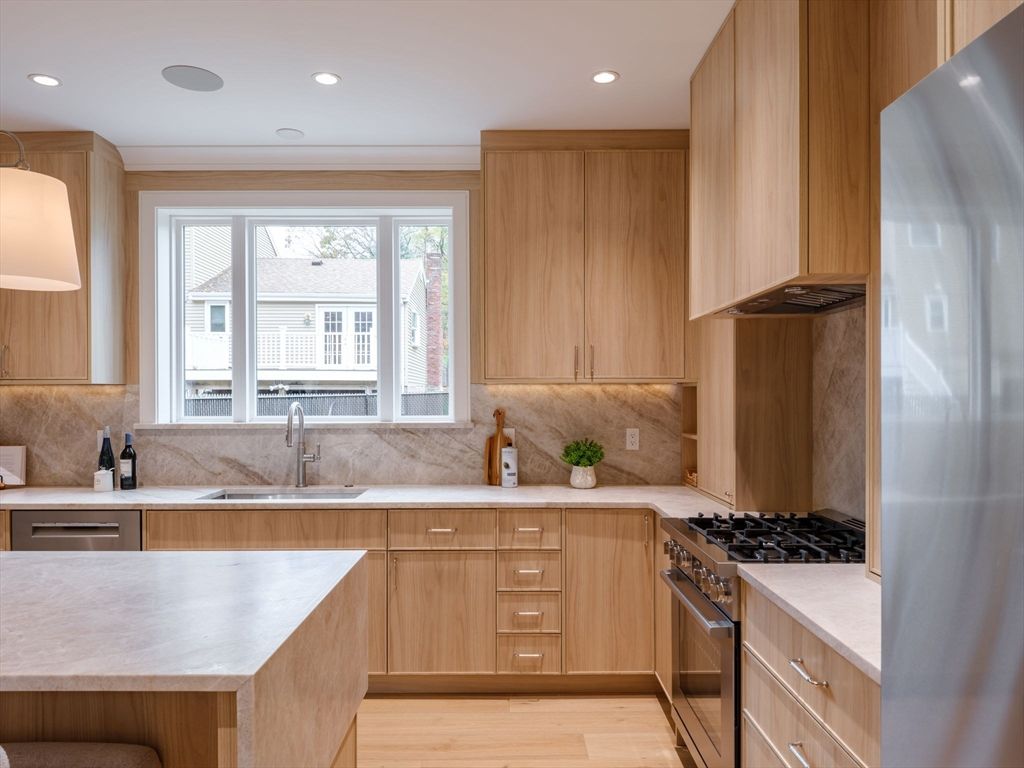 Interior, Kitchen, Recessed Lighting, Stainless Steel Appliances, Wood Texture Flooring