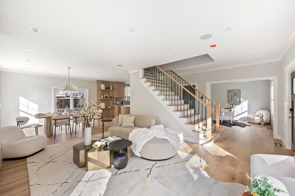 Chandelier, Dining room, Interior, Kitchen, Living room, Recessed Lighting, Stainless Steel Appliances, Wood Texture Flooring