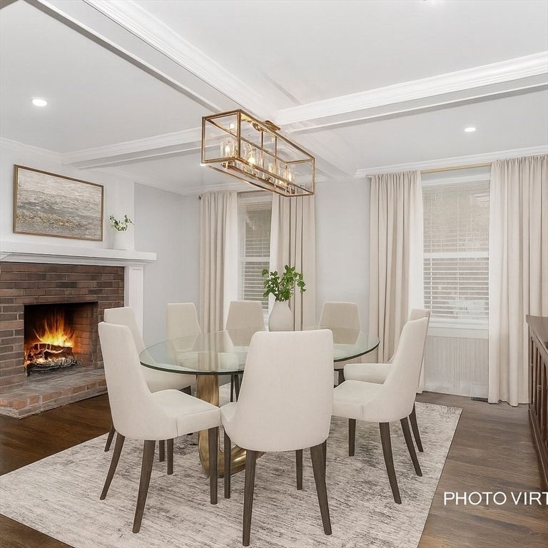 Dining room, Fireplace, Interior, Recessed Lighting, Wood Texture Flooring