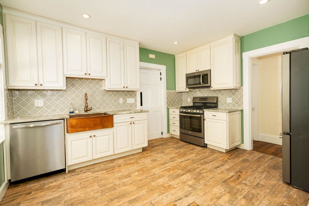 Interior, Kitchen, Recessed Lighting, Stainless Steel Appliances, Wood Texture Flooring