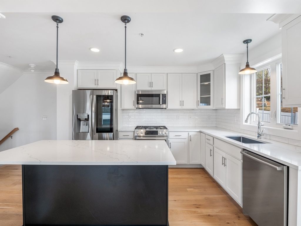 Interior, Kitchen, Pendant Lights, Recessed Lighting, Stainless Steel Appliances, Wood Texture Flooring