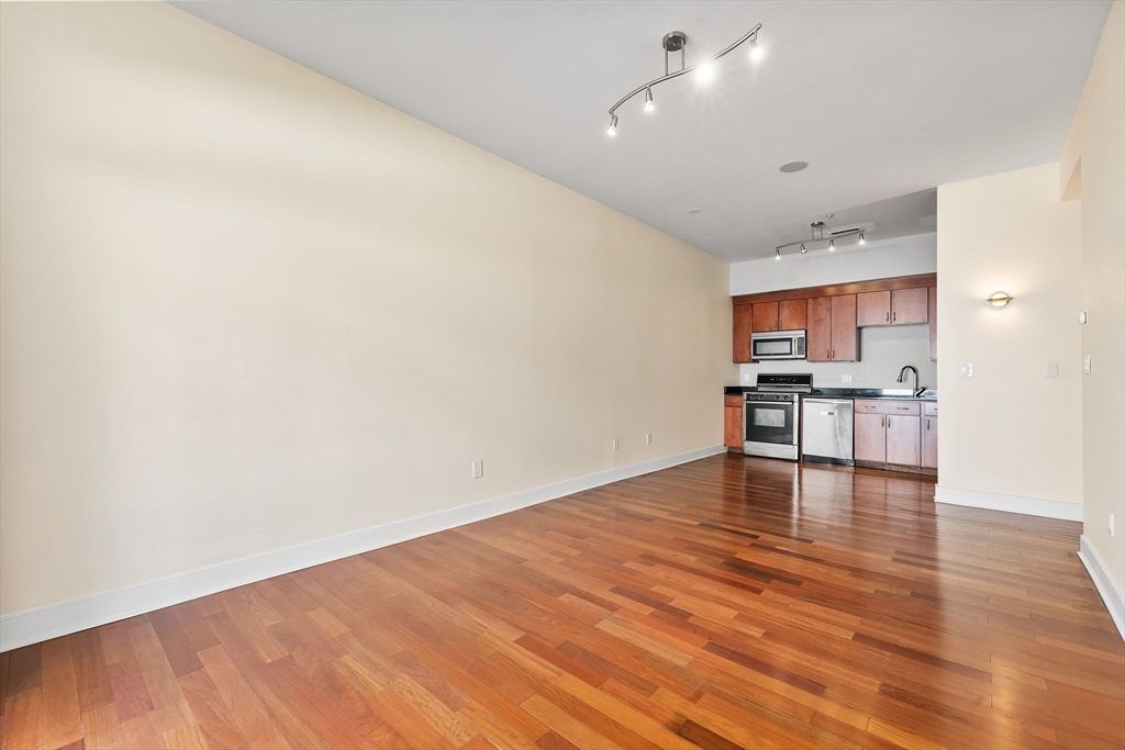Empty room, Interior, Kitchen, Stainless Steel Appliances, Wood Texture Flooring